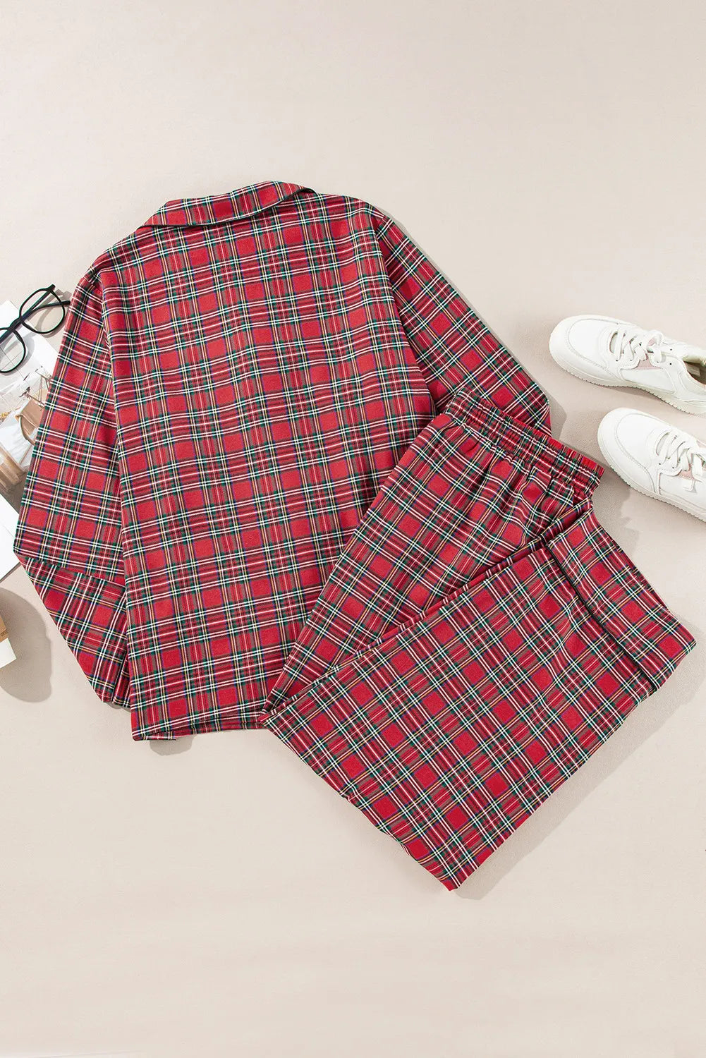 Plus Size Plaid Collared Neck Top and Pants Lounge Set - NawdeX