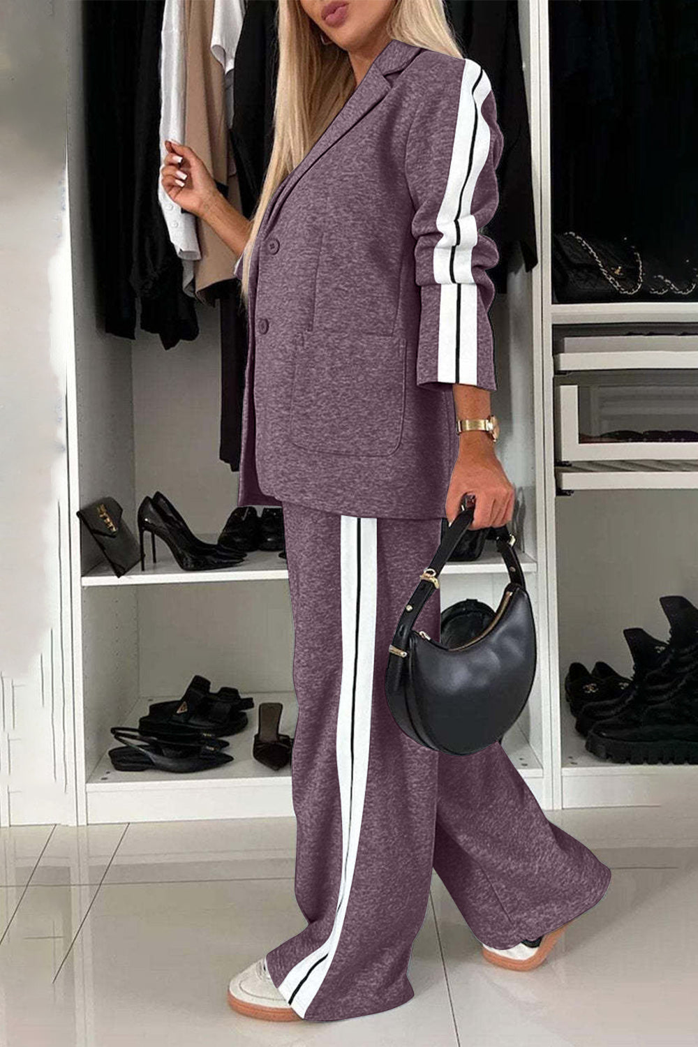 Full Size Contrast Lapel Collar Top and Pants Set - NawdeX