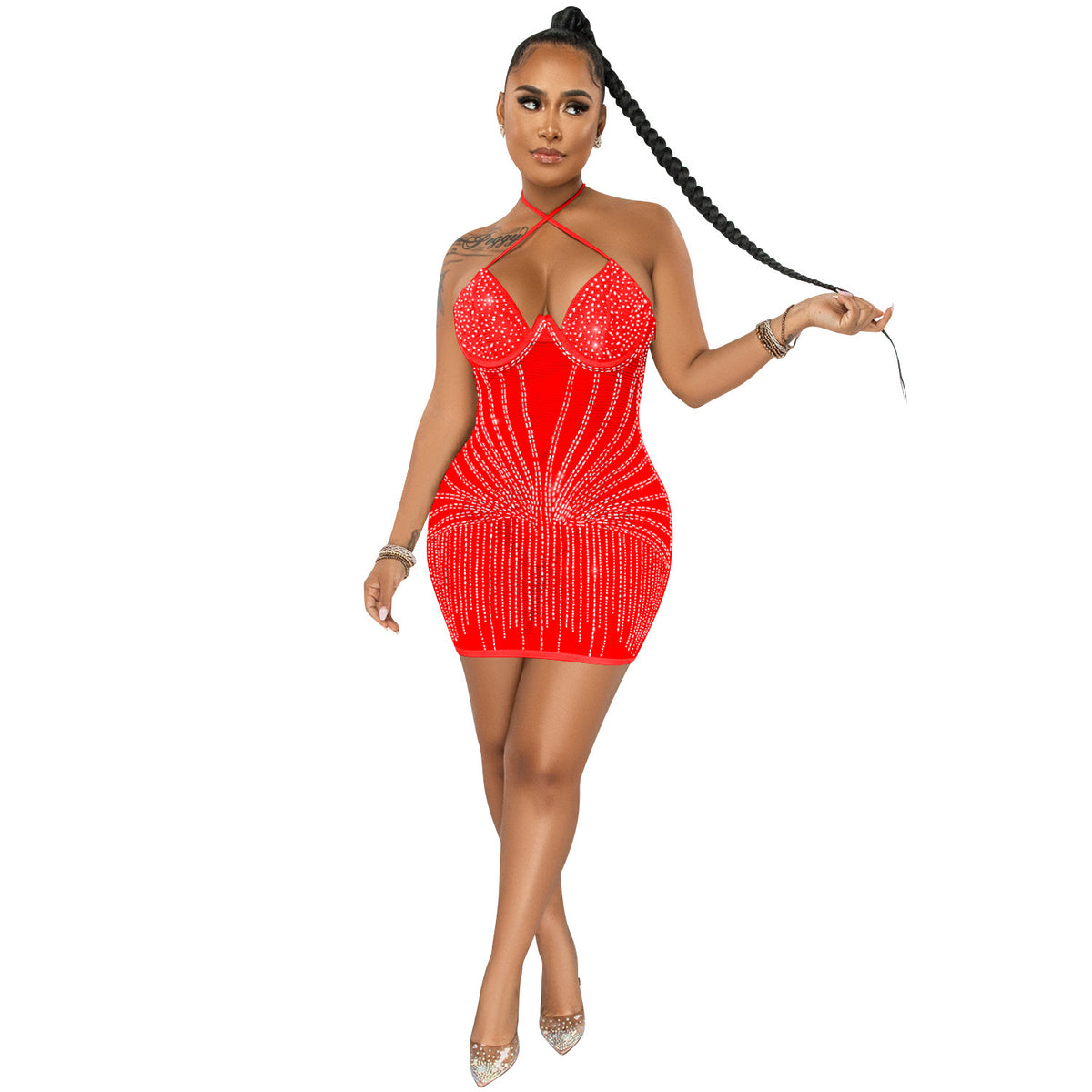 Sling Wrapped  Rhinestone Mesh  Dress