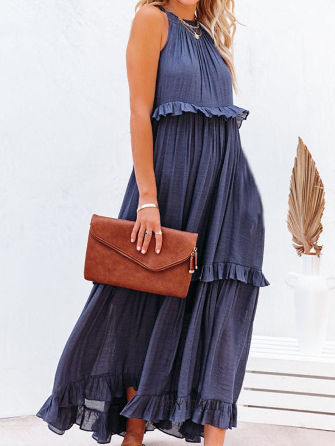 Ruffled Sleeveless Maxi Dress with Pockets - NawdeX