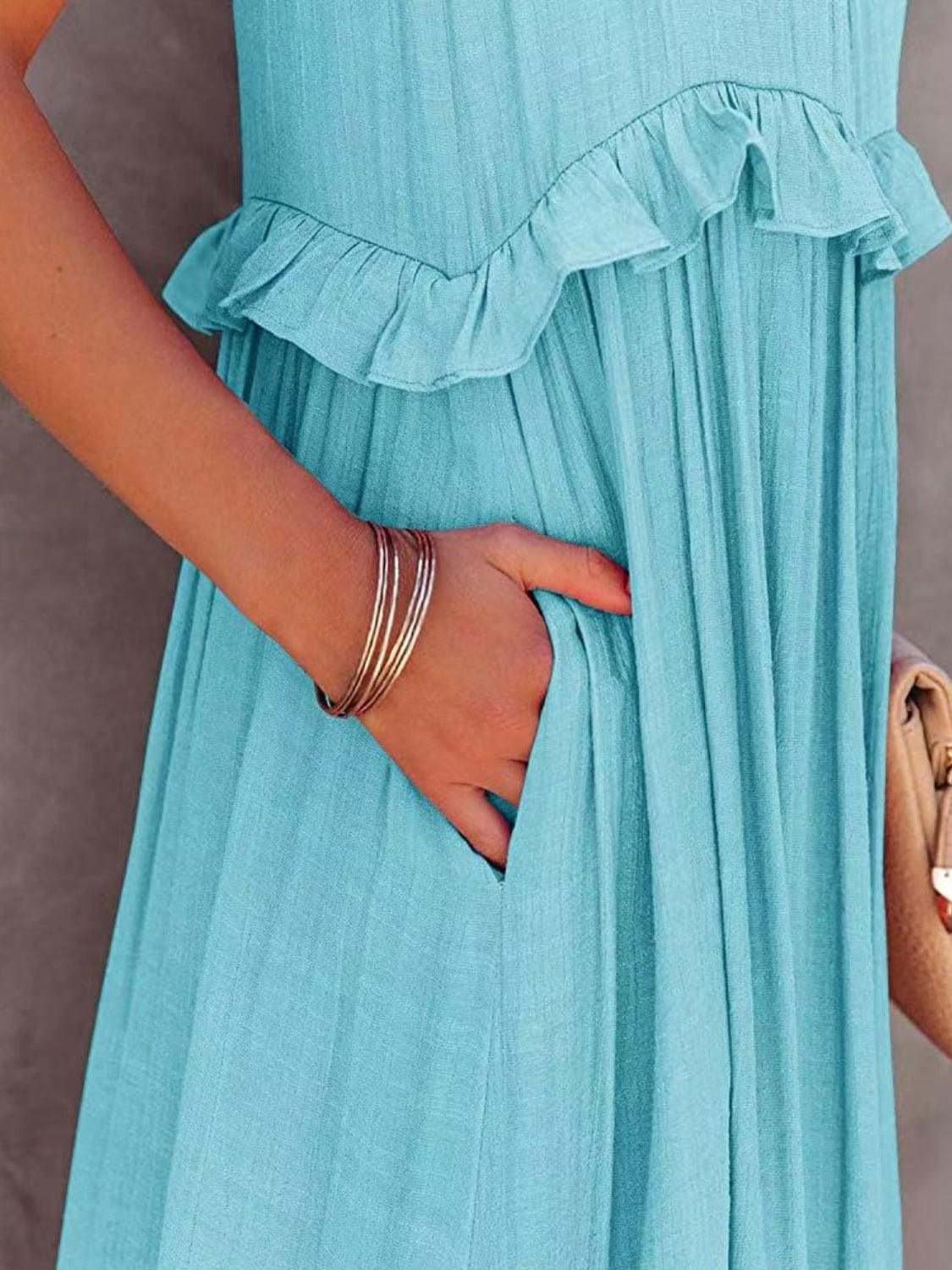 Ruffled Sleeveless Maxi Dress with Pockets - NawdeX
