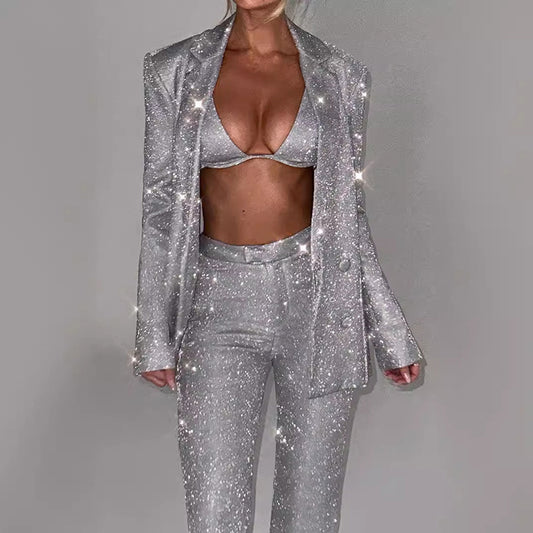 3pcs Shiny Blazer Trousers Set - NawdeX