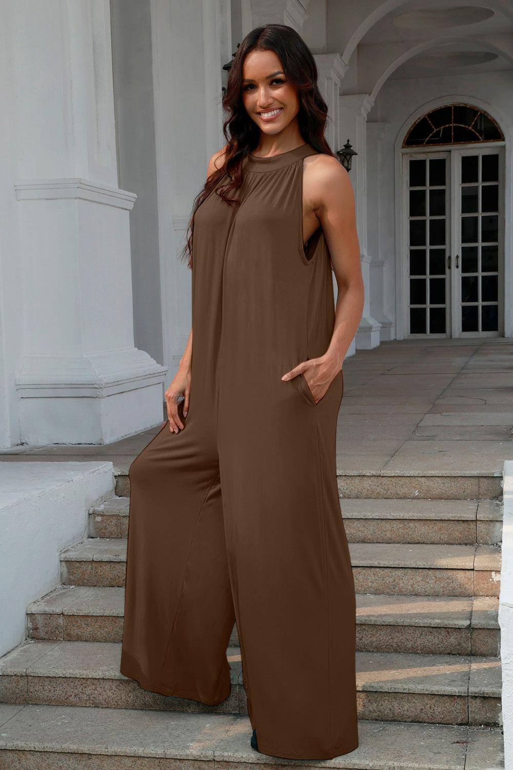 Double Take Full Size Tie Back Cutout Sleeveless Jumpsuit - NawdeX