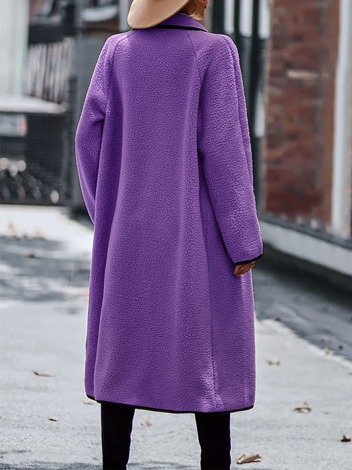 Full Size Contrast Trim Long Sleeve Coat with Pockets - NawdeX