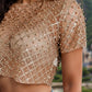Sequin Bead Trim Round Neck Short Sleeve Blouse - NawdeX