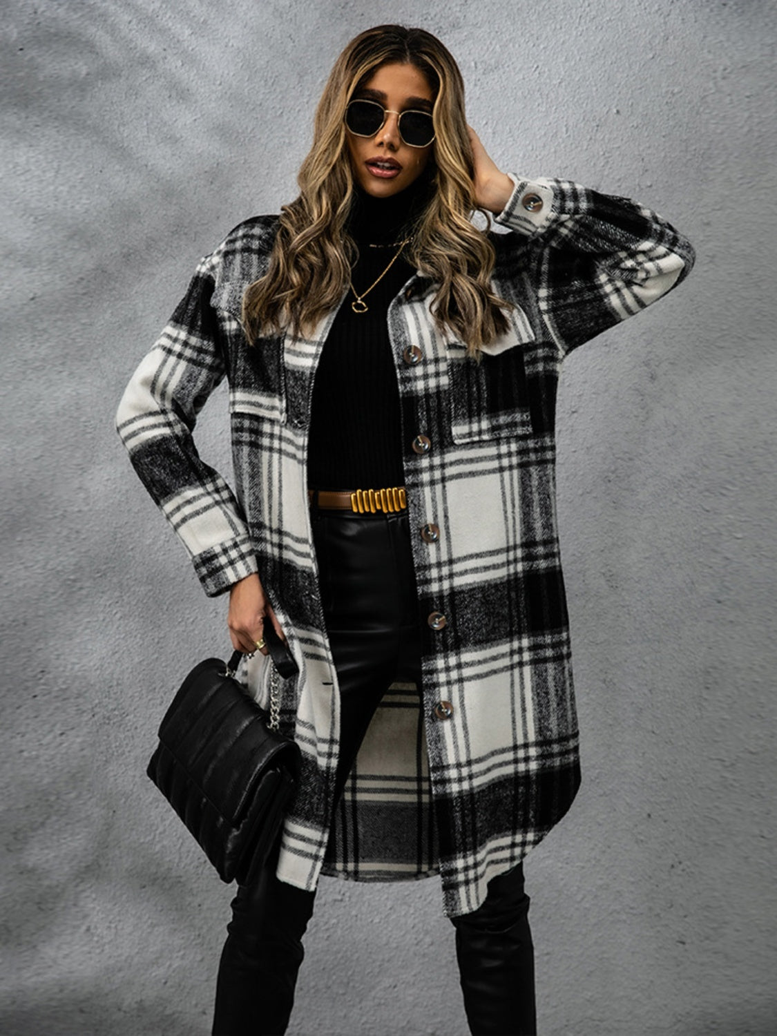Plaid Collared Neck Long Sleeve Coat - NawdeX
