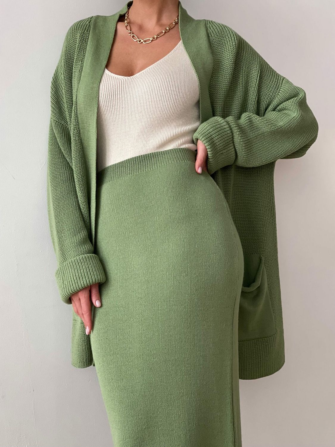 Pocketed Long Sleeve Cardigan and Skirt Sweater Set - NawdeX