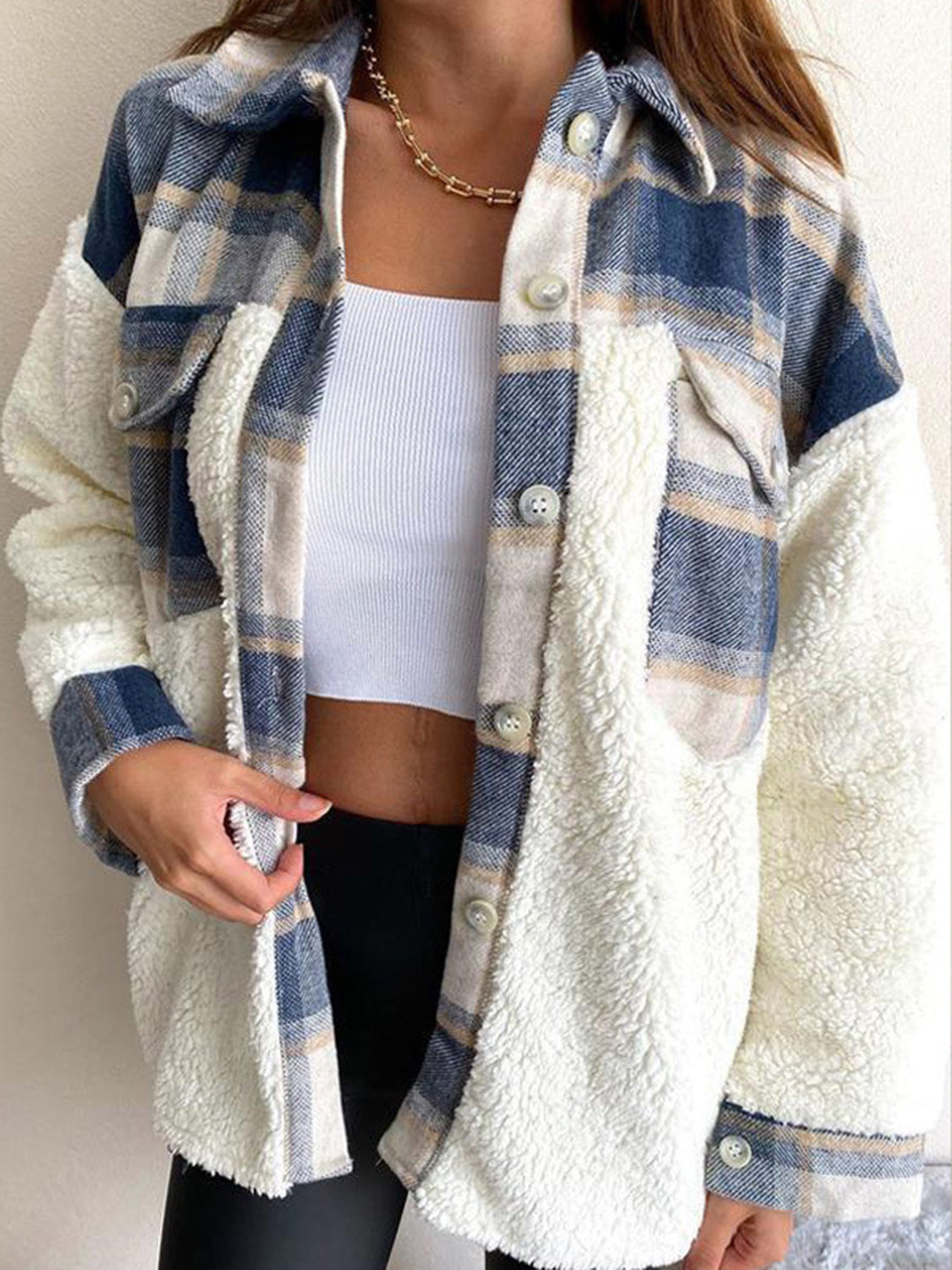Fuzzy Button Up Long Sleeve Jacket - NawdeX