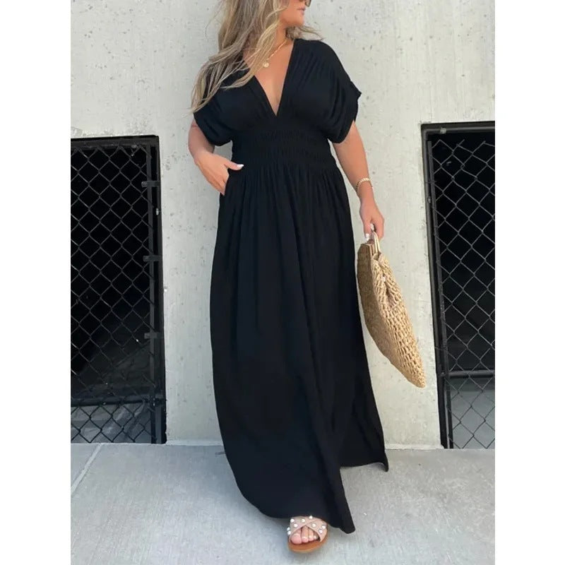 Fashion Bat-sleeved V-neck Slit Dress Summer
