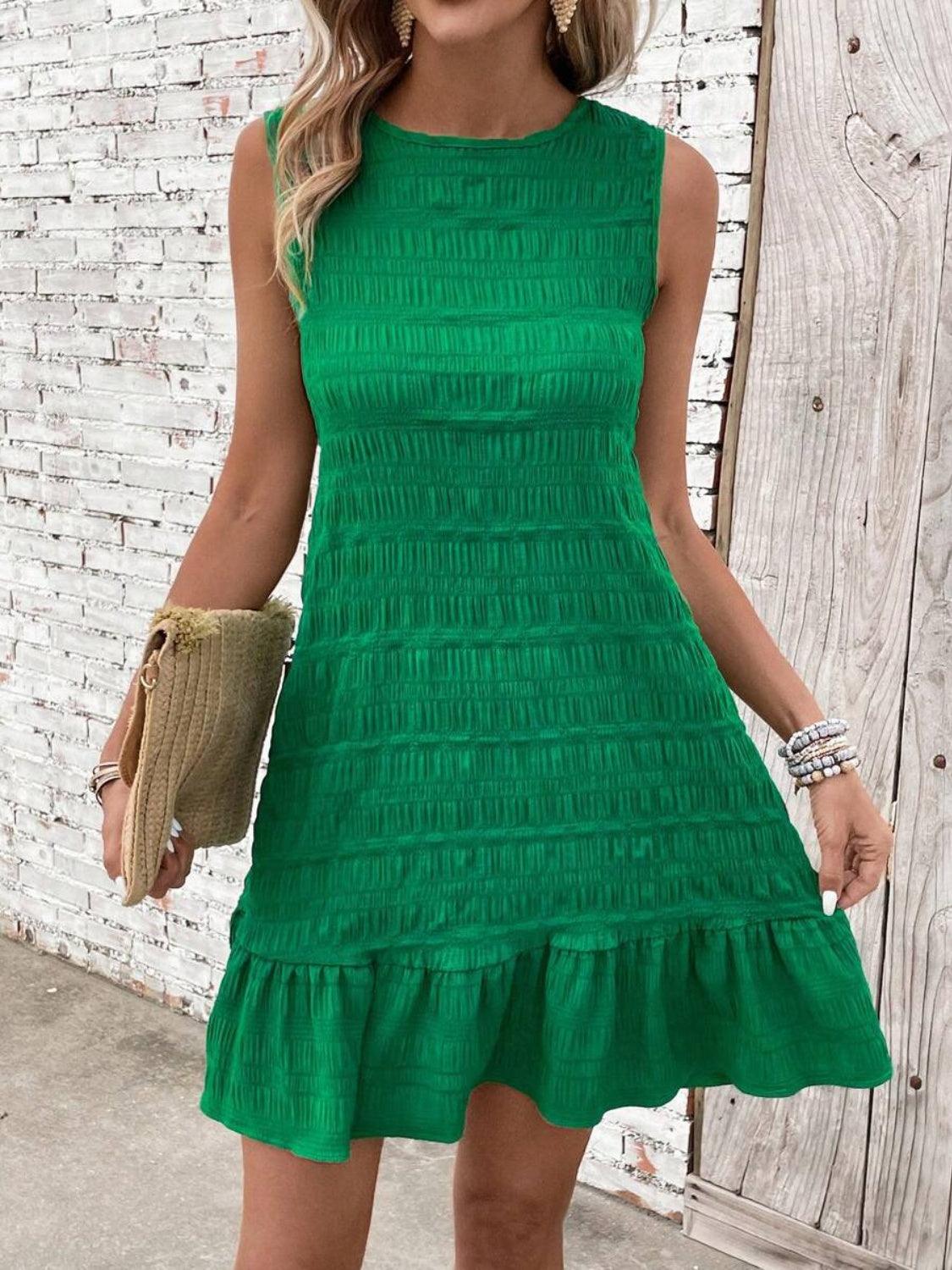 Textured Tied Round Neck Sleeveless Dress - NawdeX
