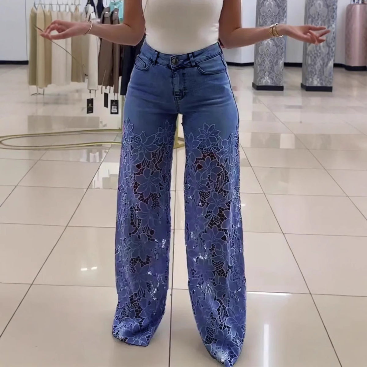 Lace Flowers Hollow Jeans