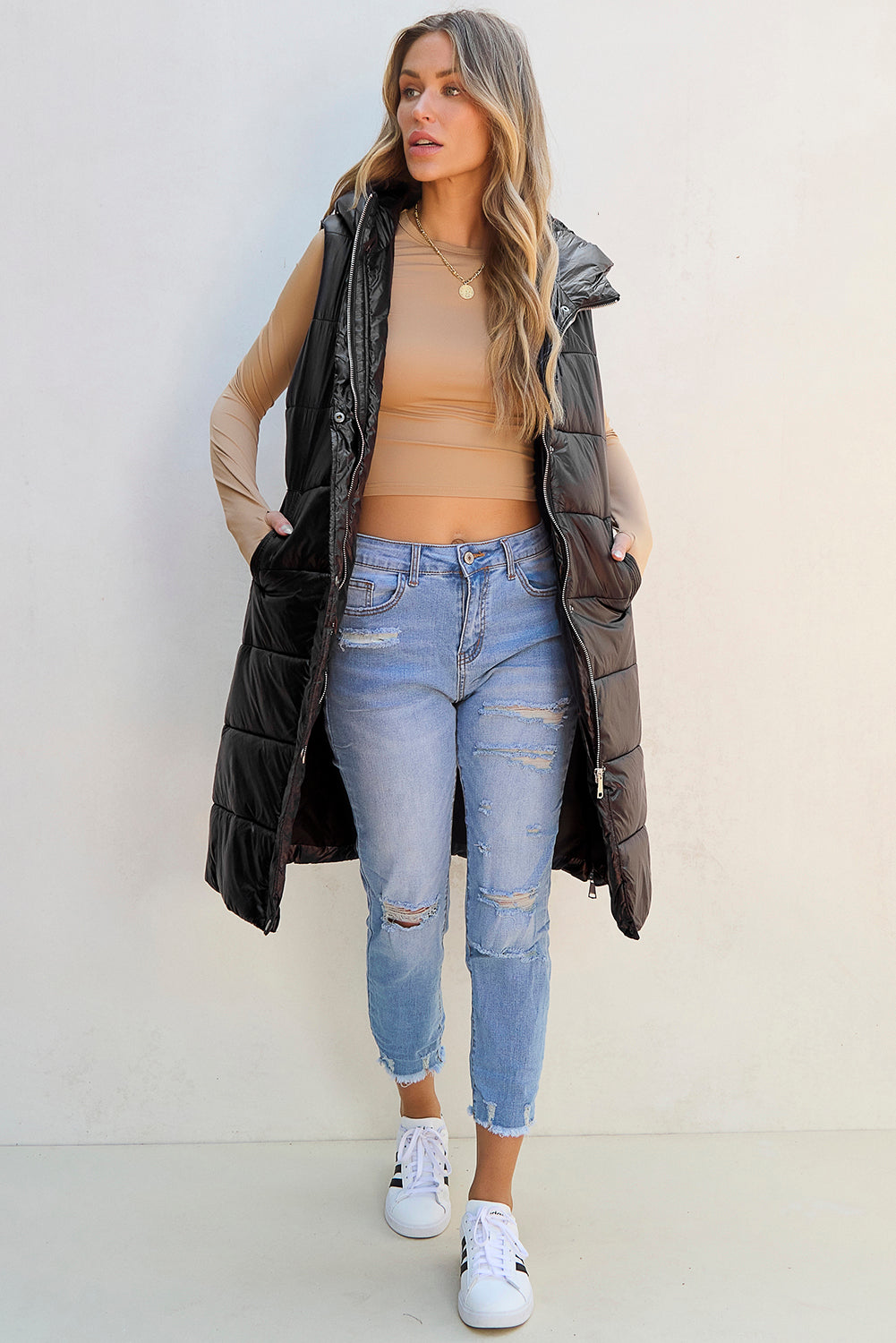 Longline Hooded Sleeveless Puffer Vest - NawdeX
