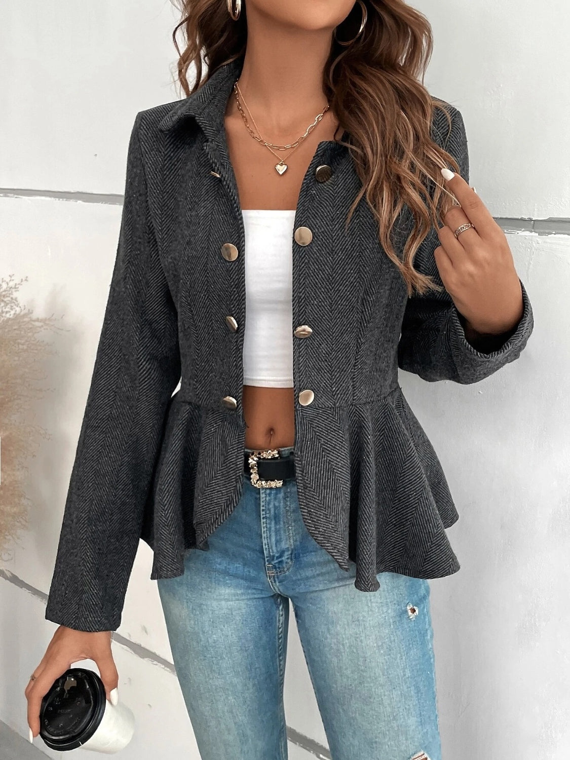 Ruffle Hem Collared Blazer - NawdeX