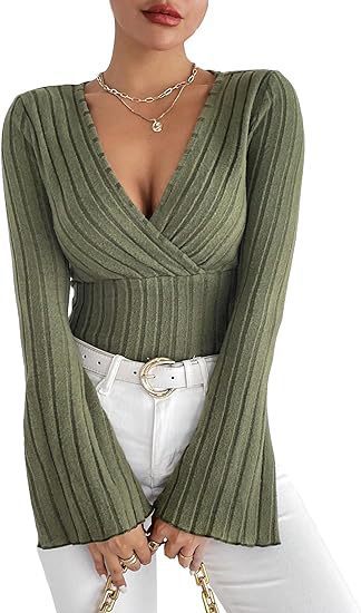 Ribbed Knit Deep V Wrap Top