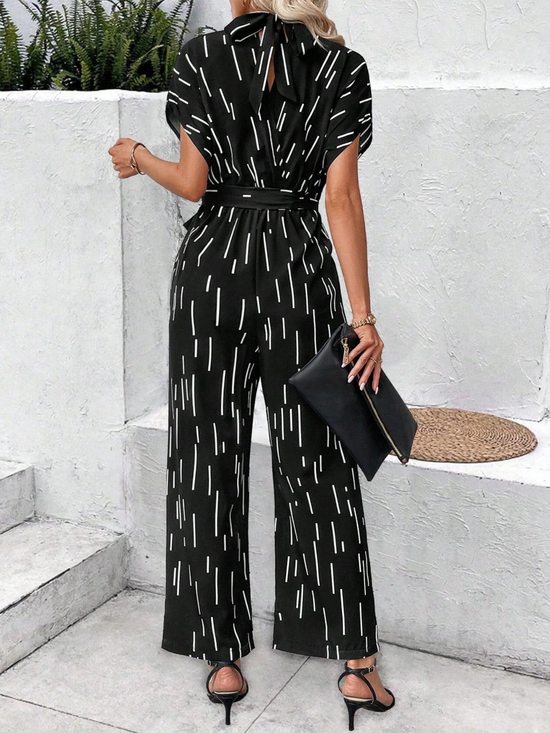 Tied Printed Mock Neck Wide Leg Jumpsuit - NawdeX