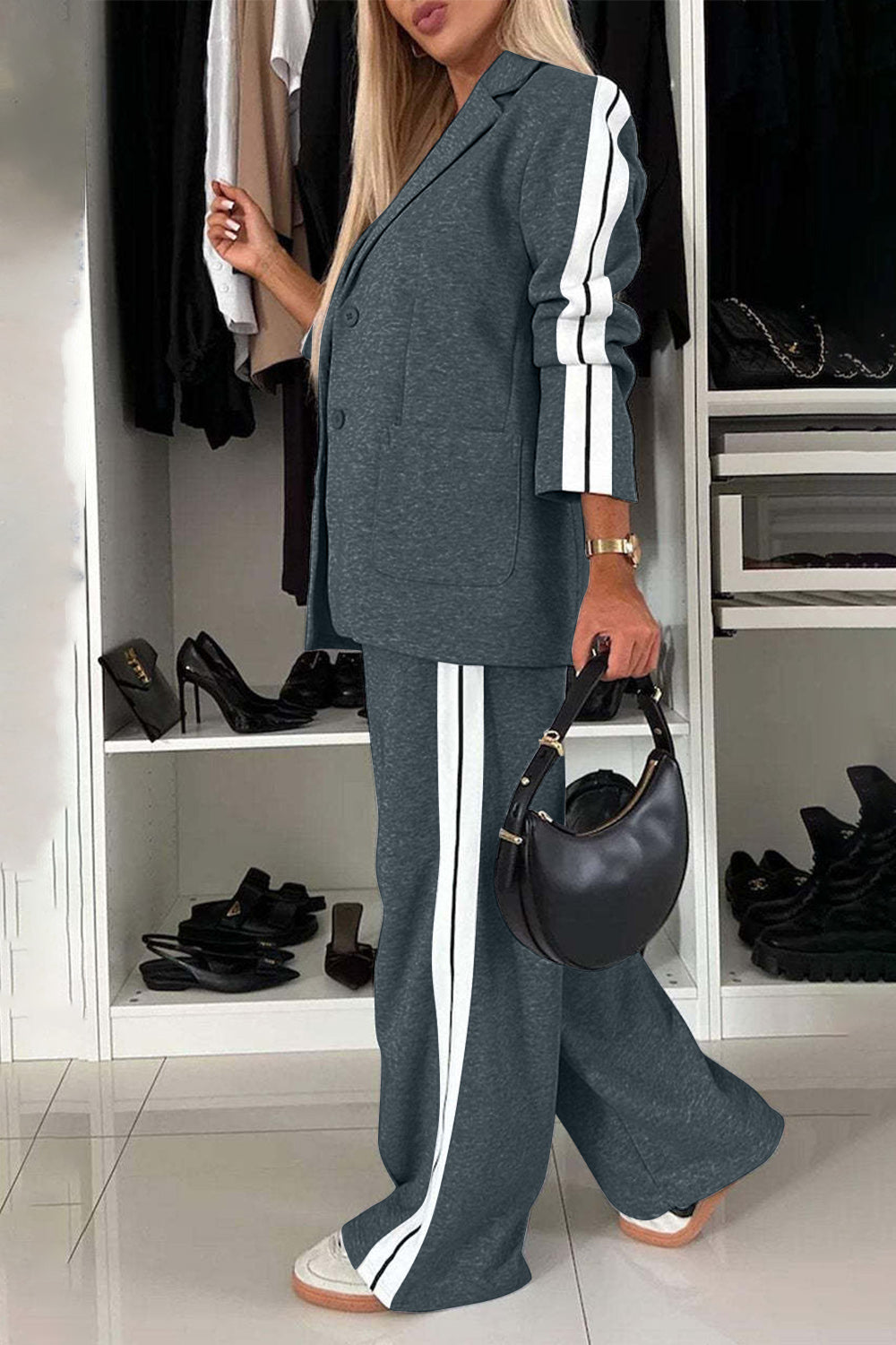 Full Size Contrast Lapel Collar Top and Pants Set - NawdeX