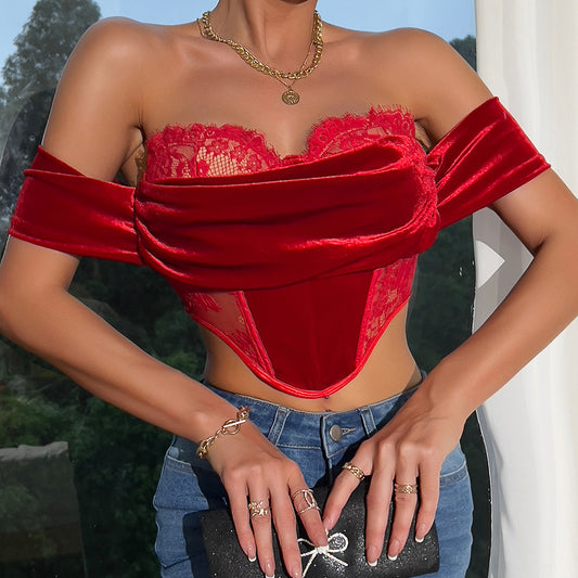 Velvet Stitching Flower Lace Slim Sexy Off-the-shoulder Top - NawdeX