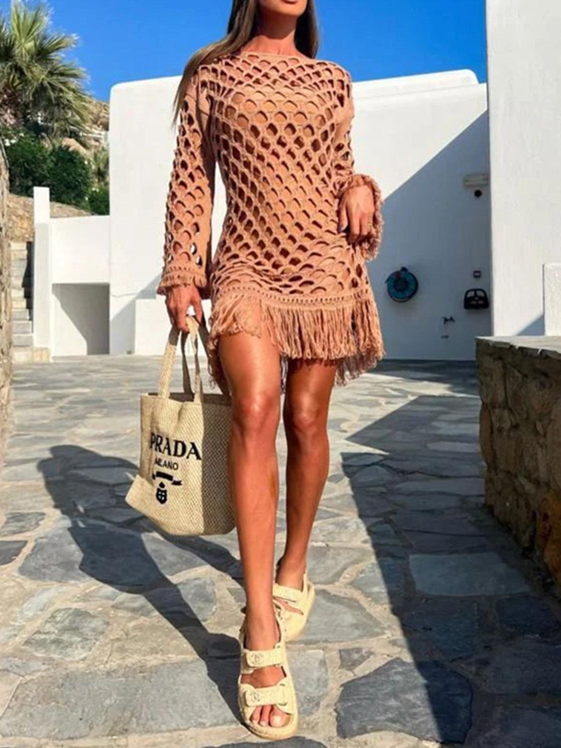 Fringe Cutout Long Sleeve Cover Up - NawdeX
