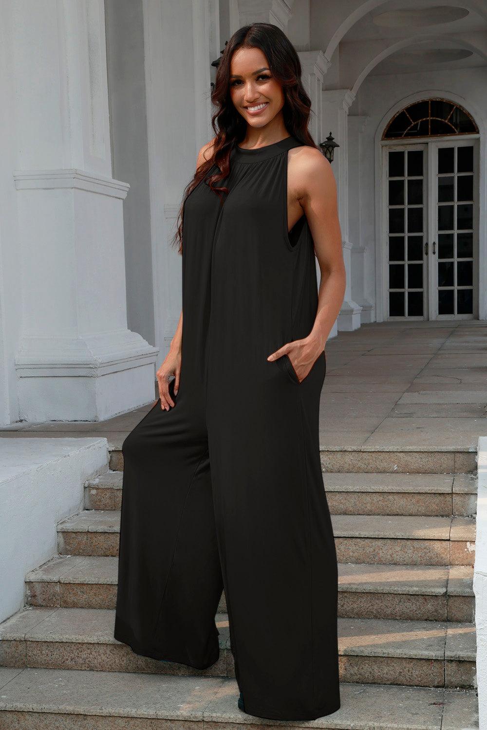 Double Take Full Size Tie Back Cutout Sleeveless Jumpsuit - NawdeX