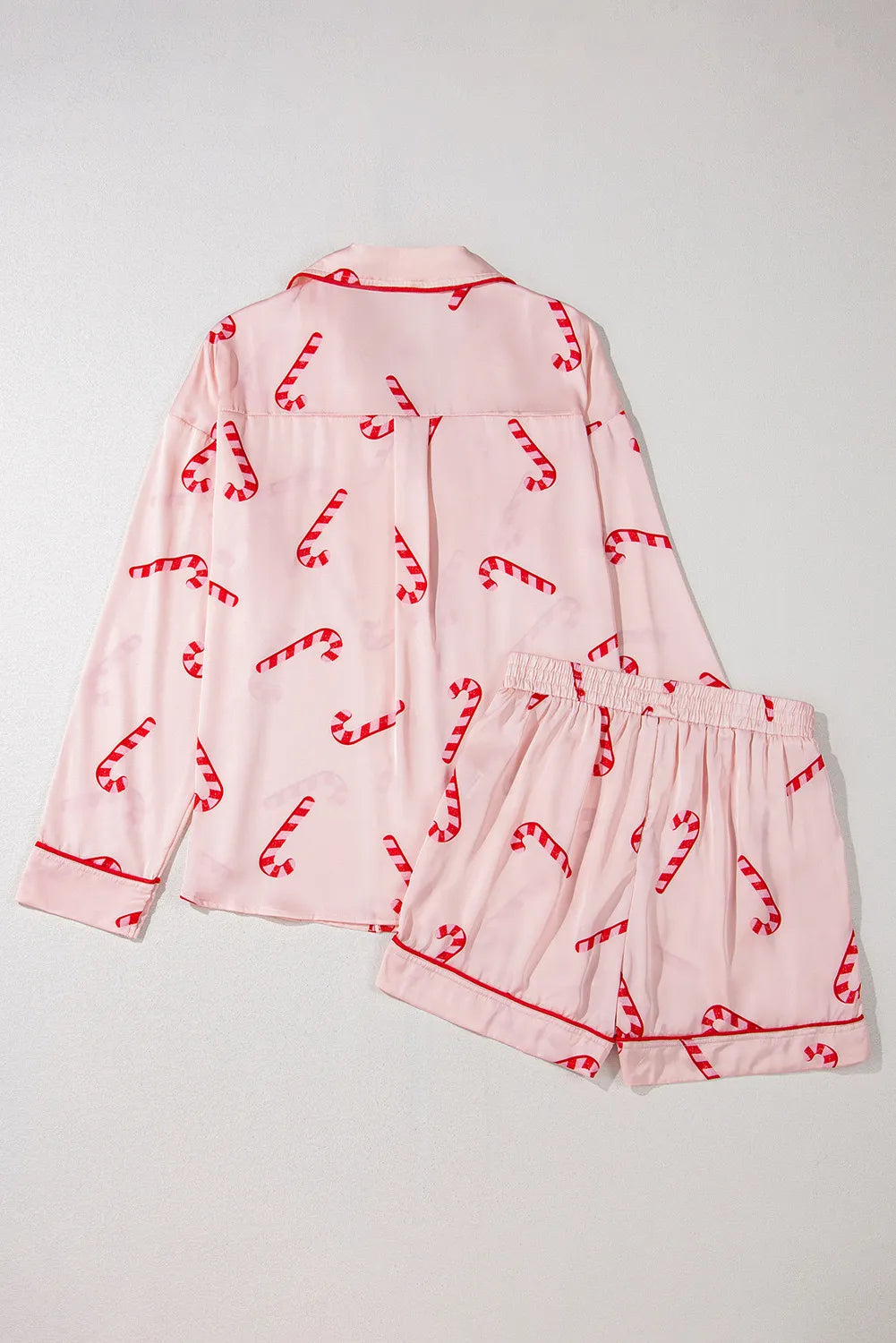 Candy Cane Collared Neck Long Sleeve Top and Shorts Lounge Set - NawdeX