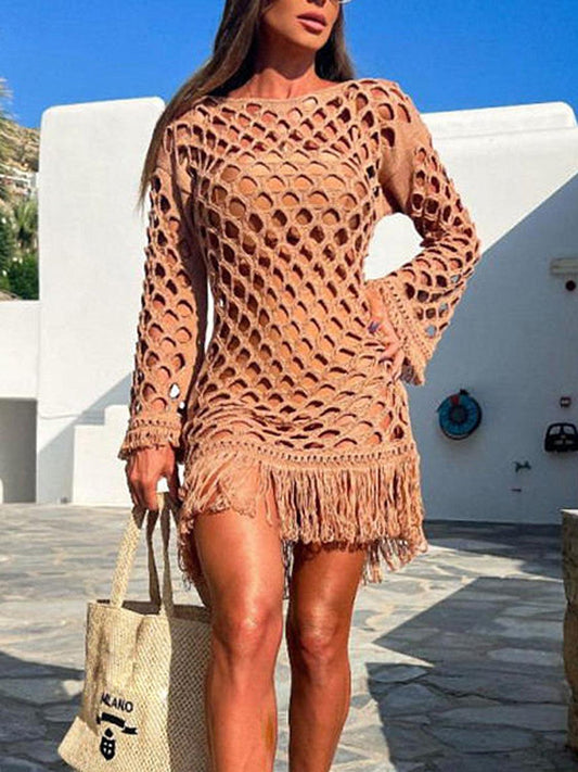 Fringe Cutout Long Sleeve Cover Up - NawdeX