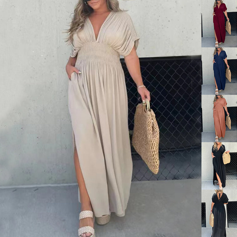 Fashion Bat-sleeved V-neck Slit Dress Summer