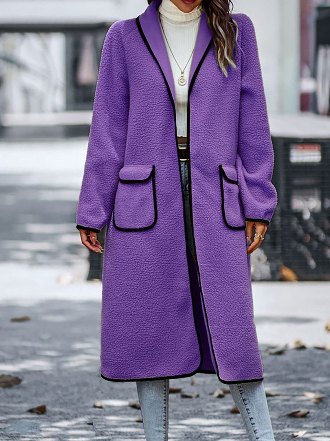 Full Size Contrast Trim Long Sleeve Coat with Pockets - NawdeX