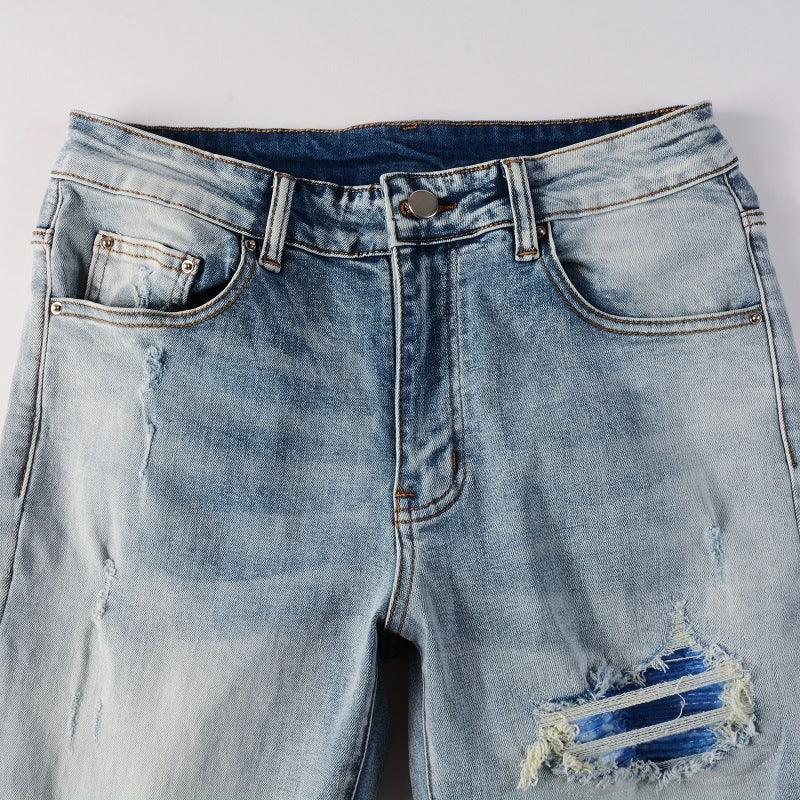 Light Blue Broken Hole Colorful Gradient Patch Slim Stretch Jeans - NawdeX