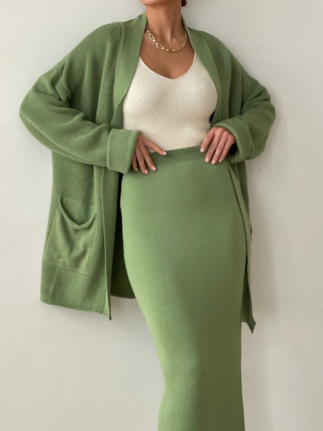 Pocketed Long Sleeve Cardigan and Skirt Sweater Set - NawdeX