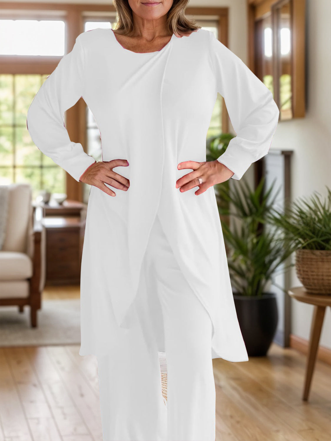 Full Size Slit Round Neck Long Sleeve Top and Pants Set - NawdeX
