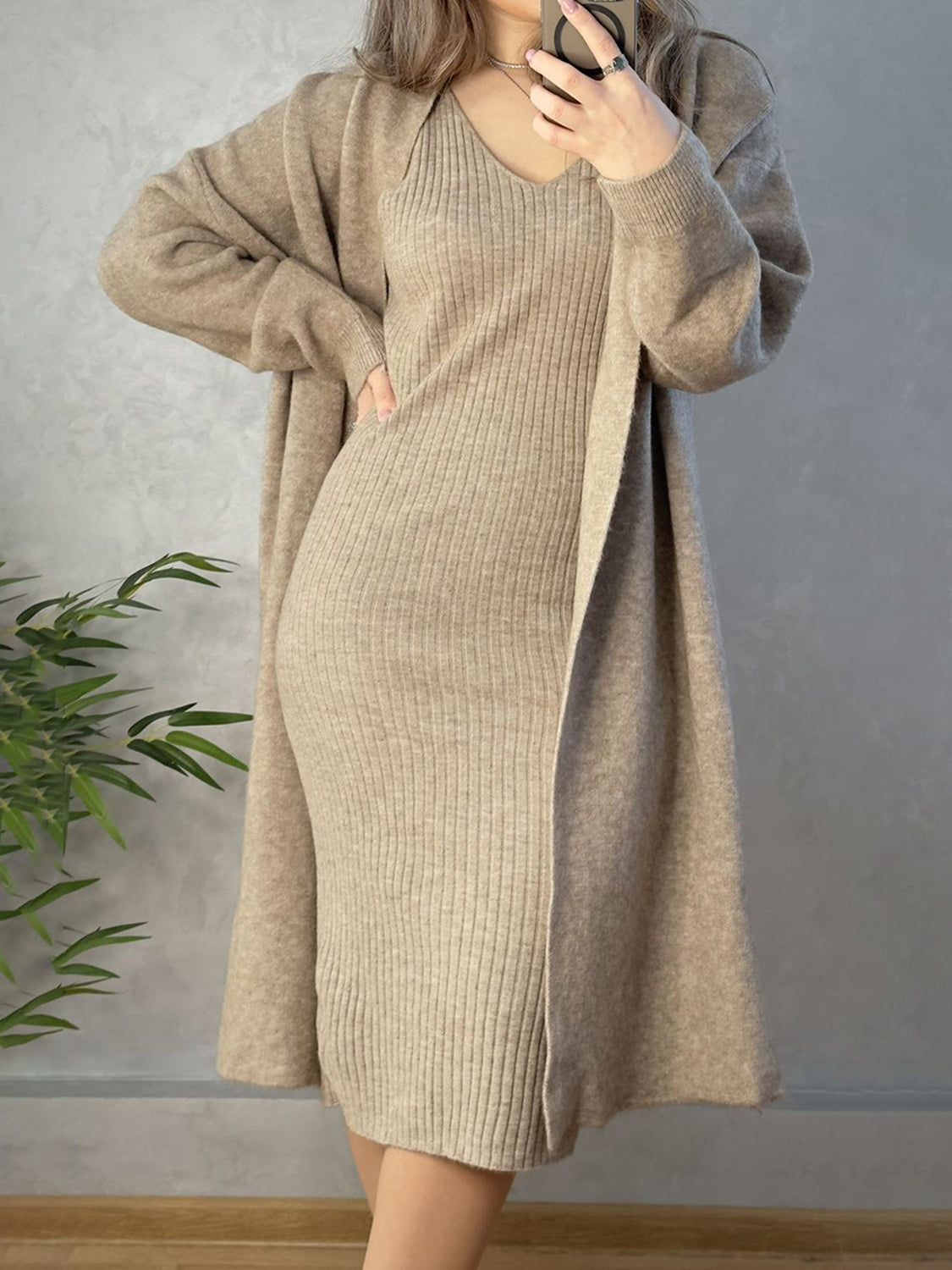 V-Neck Cami Dress and Open Front Cardigan Sweater Set - NawdeX