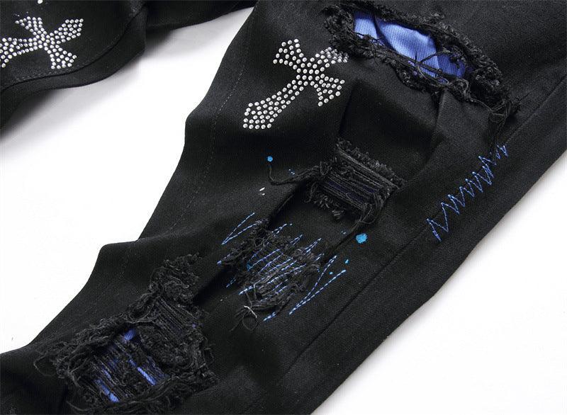 Men's Hole Patch Black Stretch Slim-fitting Jeans - NawdeX