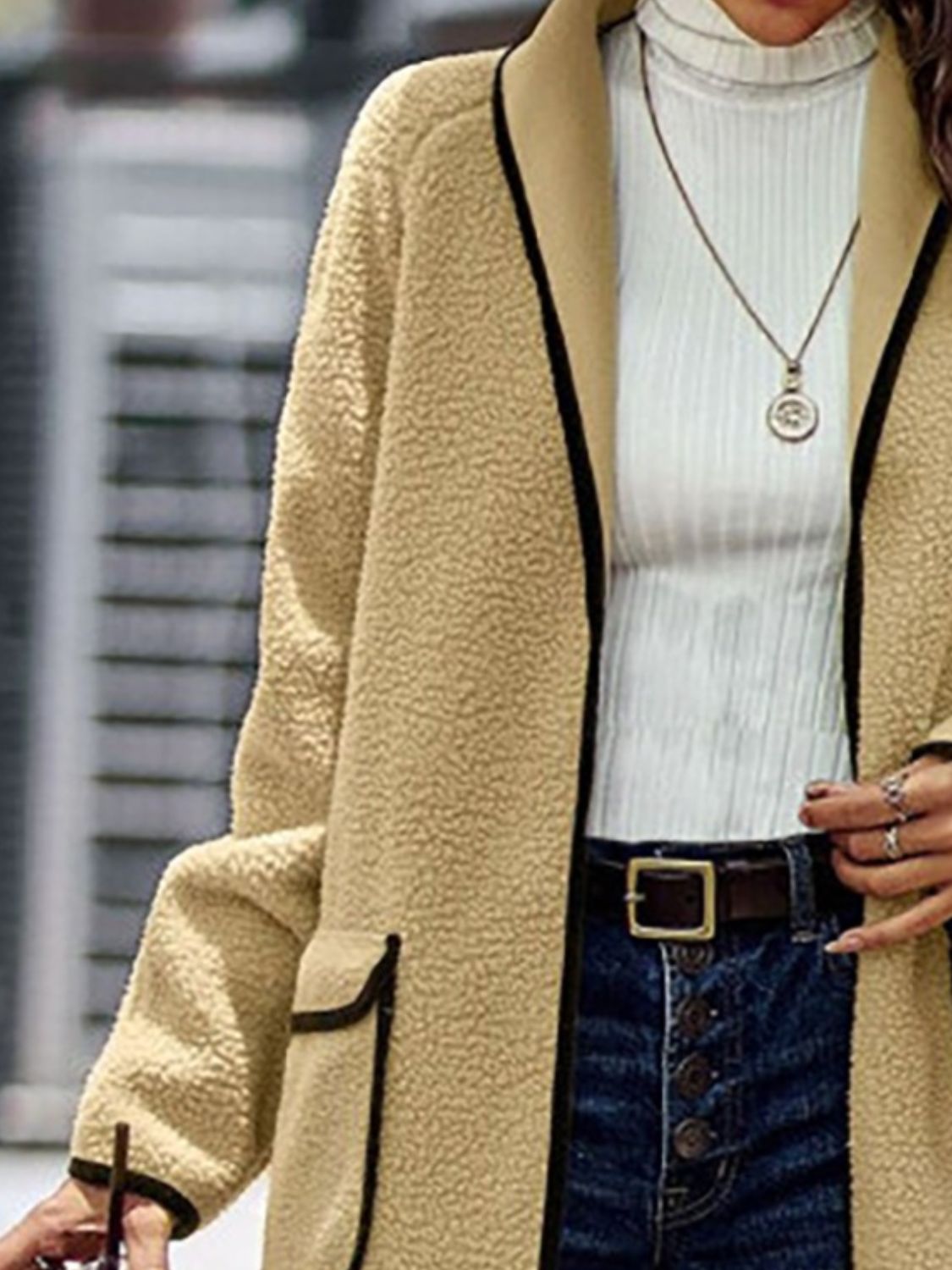 Full Size Contrast Trim Long Sleeve Coat with Pockets - NawdeX