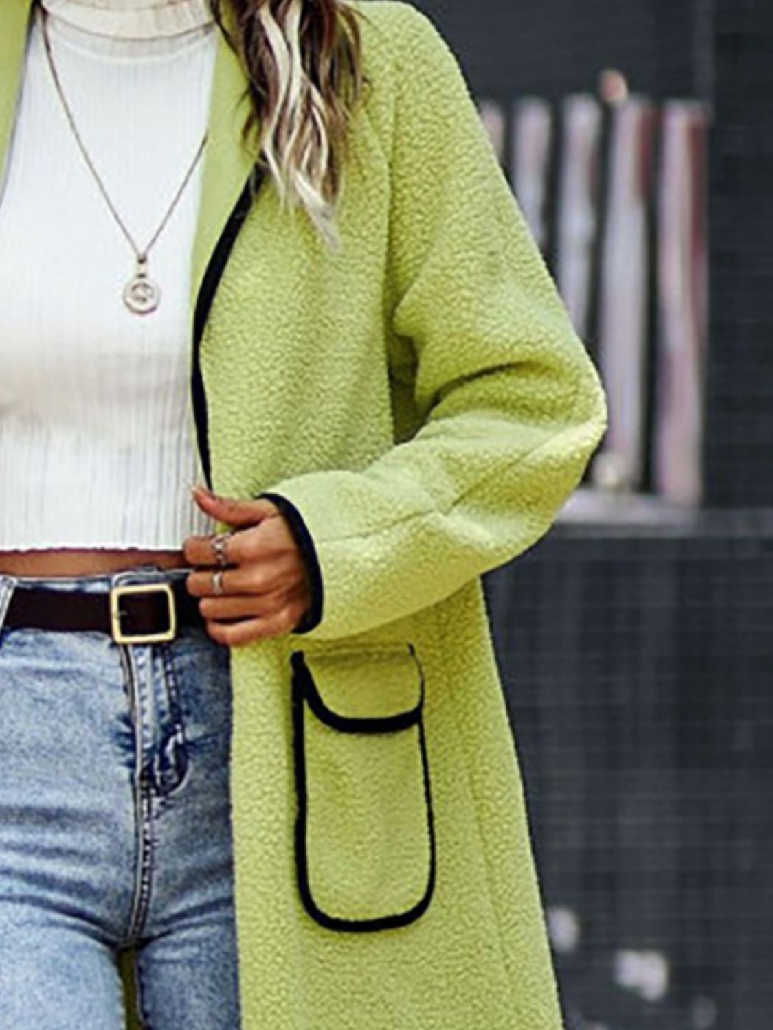 Full Size Contrast Trim Long Sleeve Coat with Pockets - NawdeX