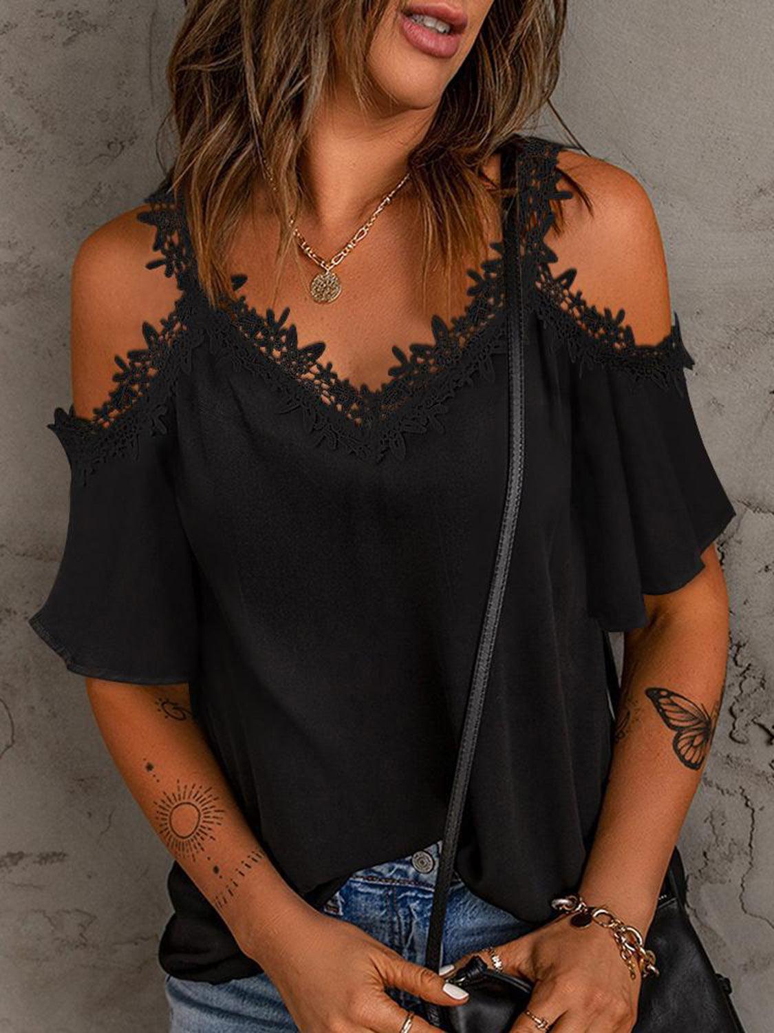 Lace Detail V-Neck Half Sleeve Blouse - NawdeX