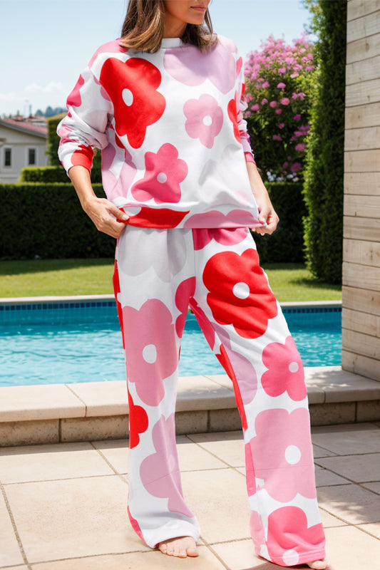 Flower Round Neck Long Sleeve Top and Pants Lounge Set - NawdeX