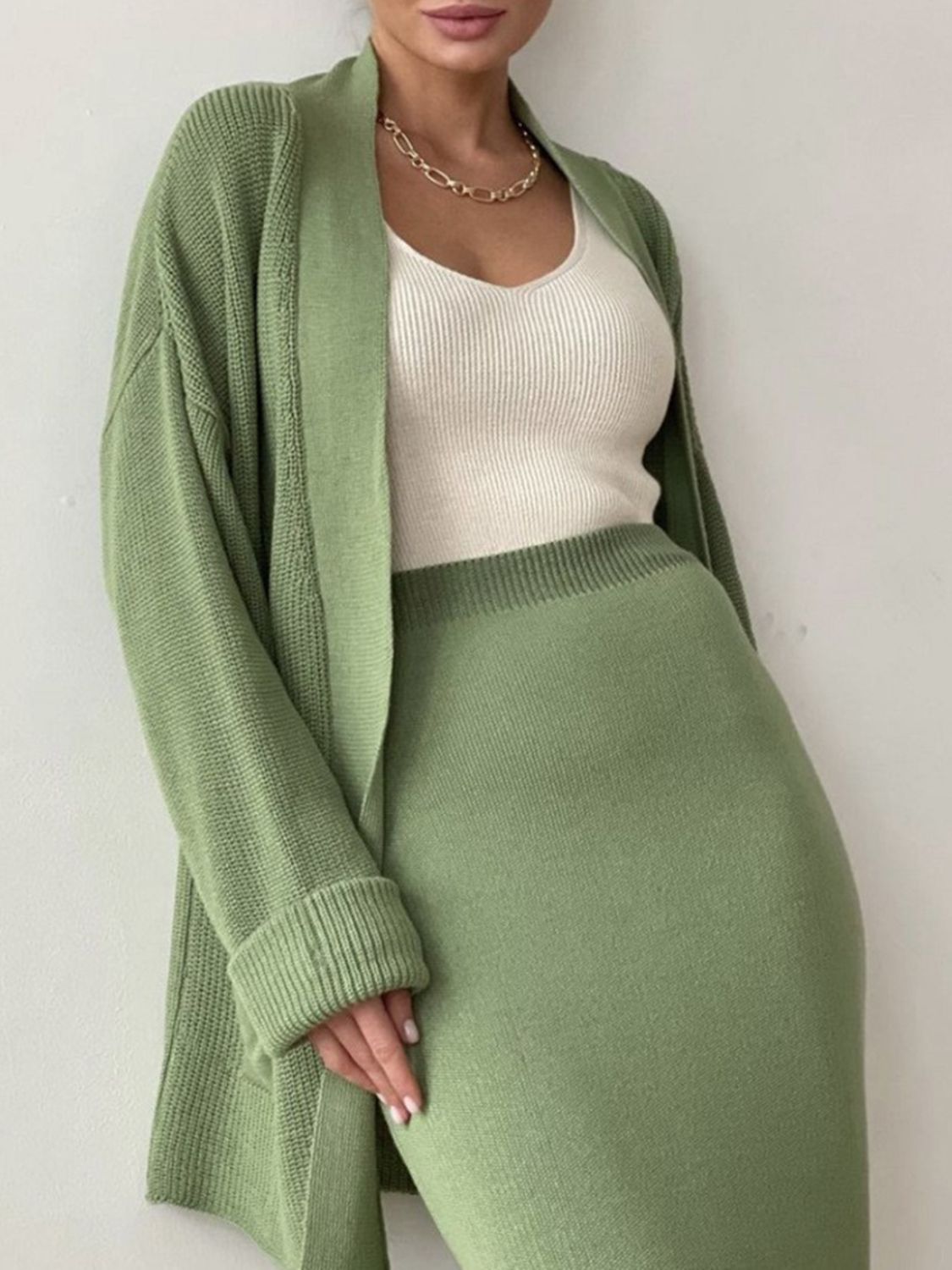 Pocketed Long Sleeve Cardigan and Skirt Sweater Set - NawdeX