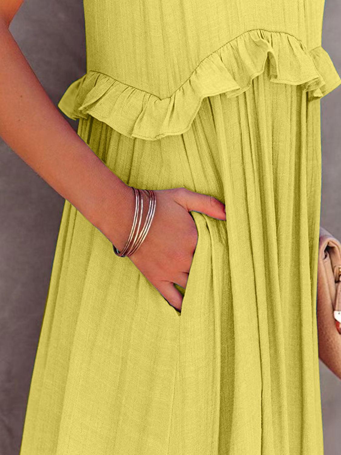 Ruffled Sleeveless Maxi Dress with Pockets - NawdeX
