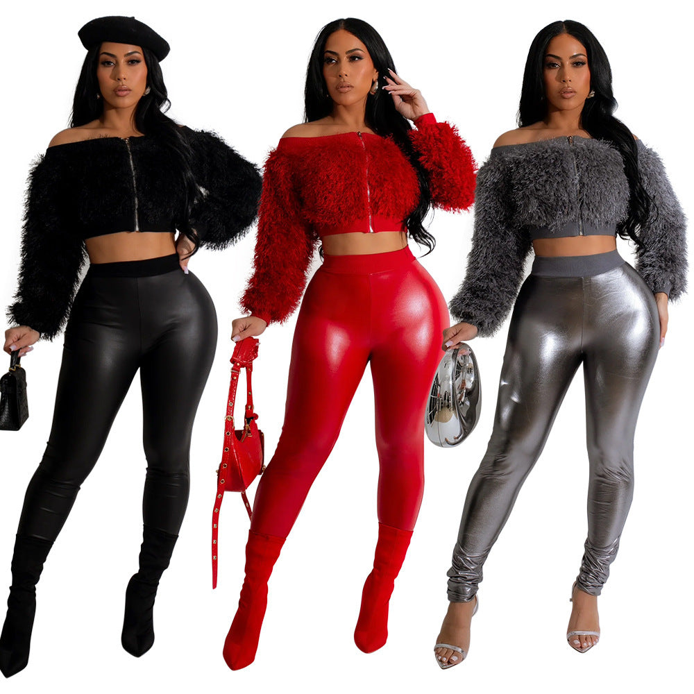 Furry Crop Top Slim Trousers Set - NawdeX