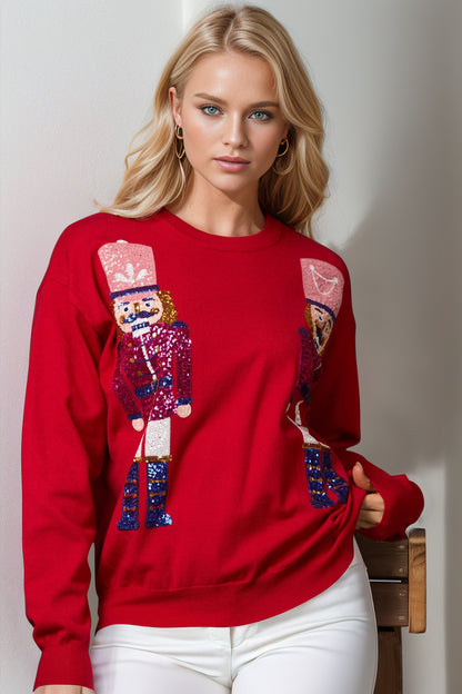 Double Take Full Size Nutcracker Sequin Long Sleeve Sweater - NawdeX