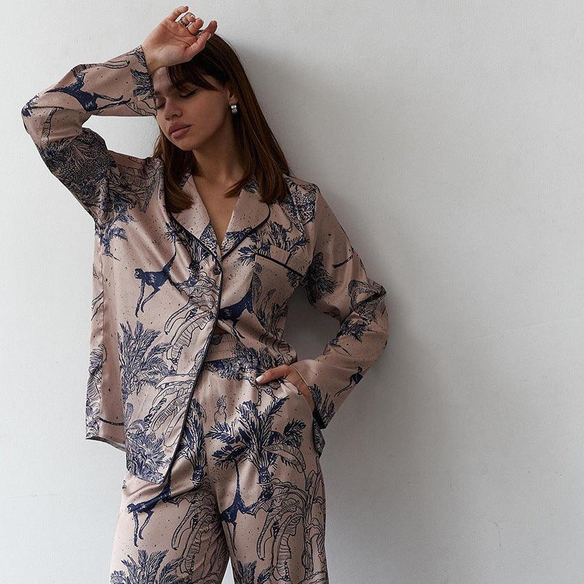 Women's Fashion Satin Printed Cardigan Pajamas Two-piece Set - NawdeX