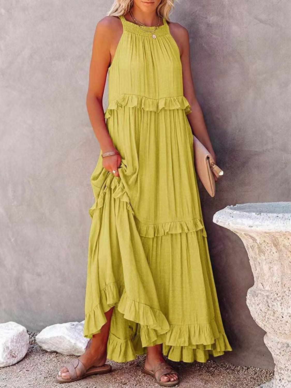 Ruffled Sleeveless Maxi Dress with Pockets - NawdeX