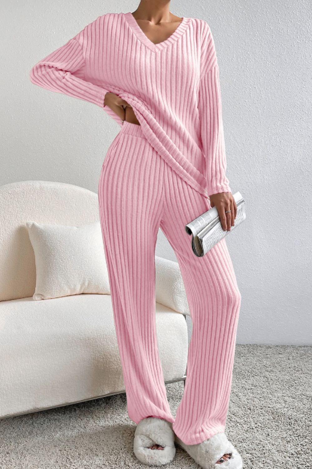 Ribbed V-Neck Top and Pants Lounge Set - NawdeX