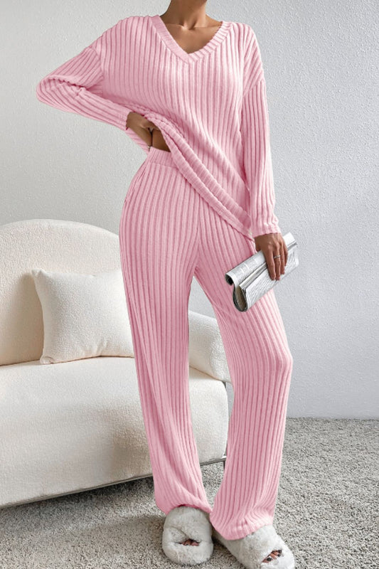 Ribbed V-Neck Top and Pants Lounge Set - NawdeX