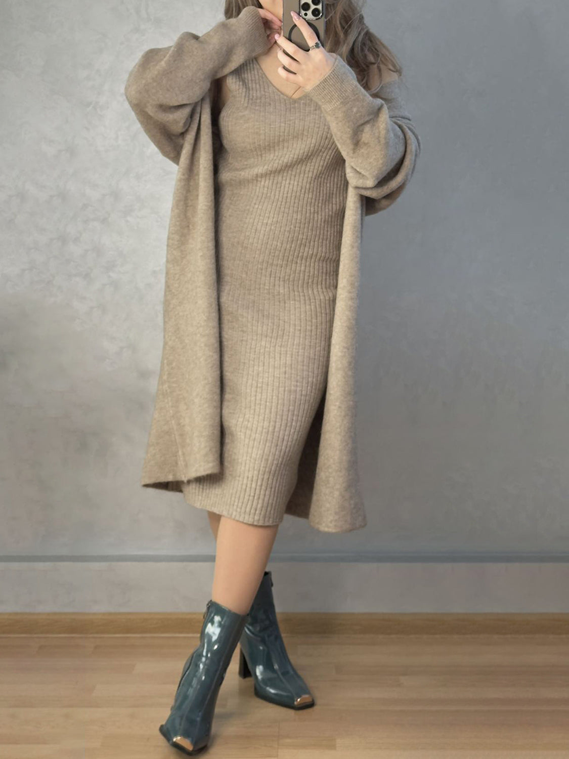 V-Neck Cami Dress and Open Front Cardigan Sweater Set - NawdeX