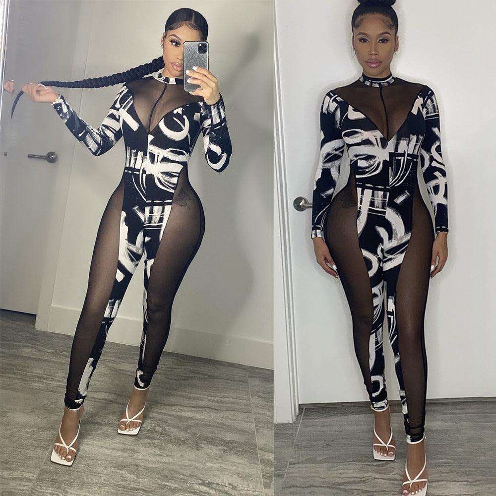 Skinny Mesh Stitching Jumpsuit Women - NawdeX