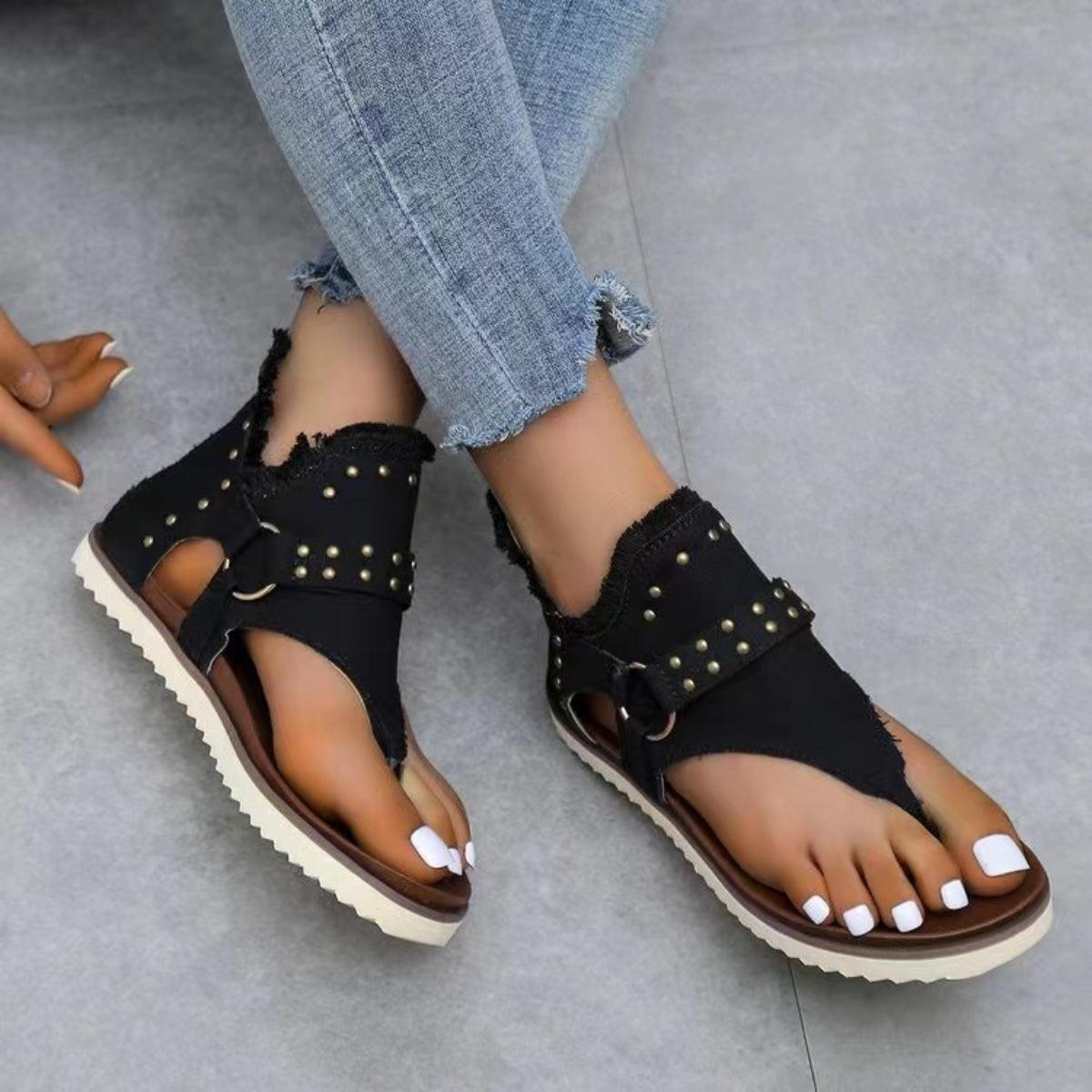 Studded Raw Hem Flat Sandals - NawdeX