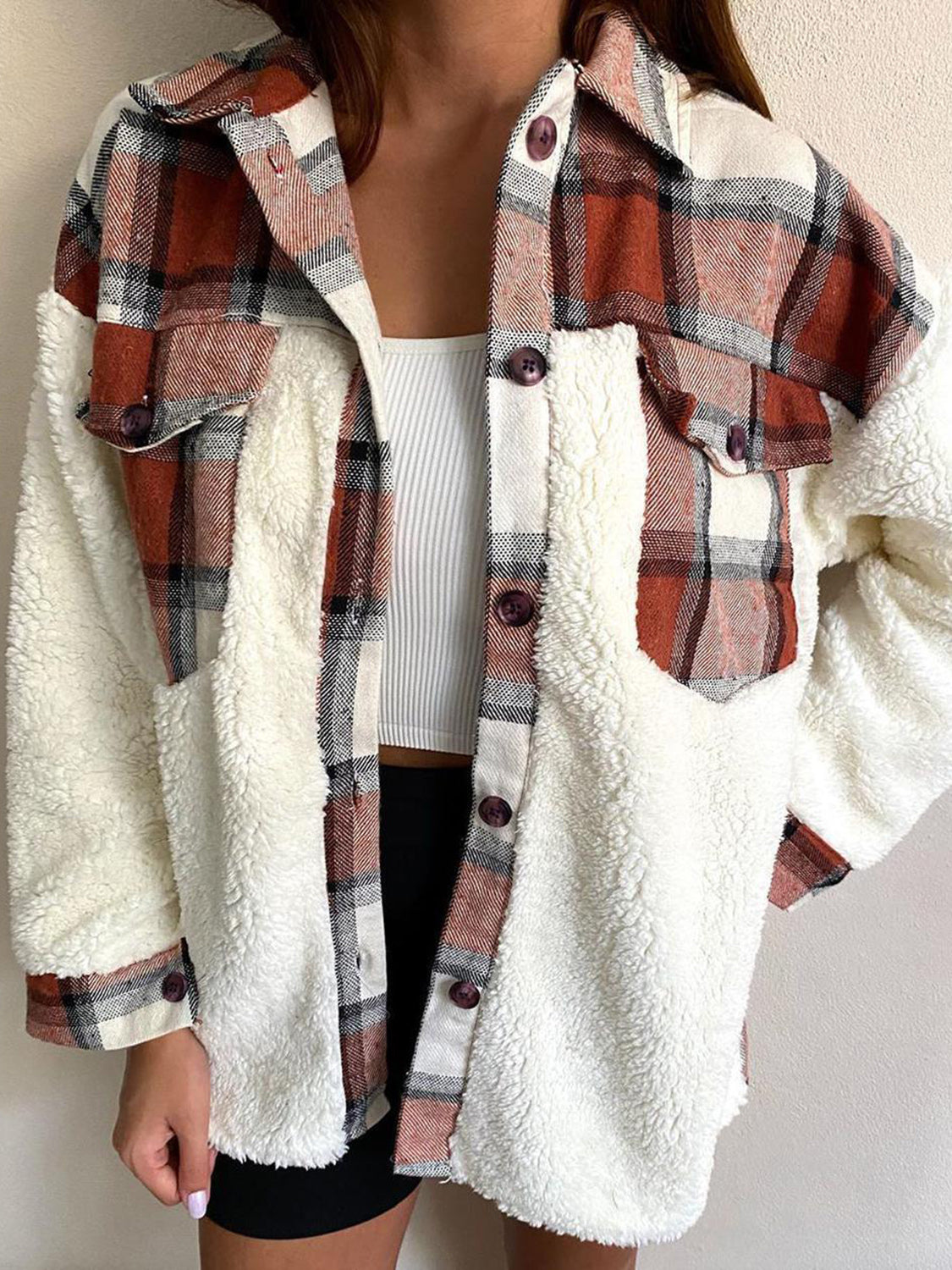 Fuzzy Button Up Long Sleeve Jacket - NawdeX