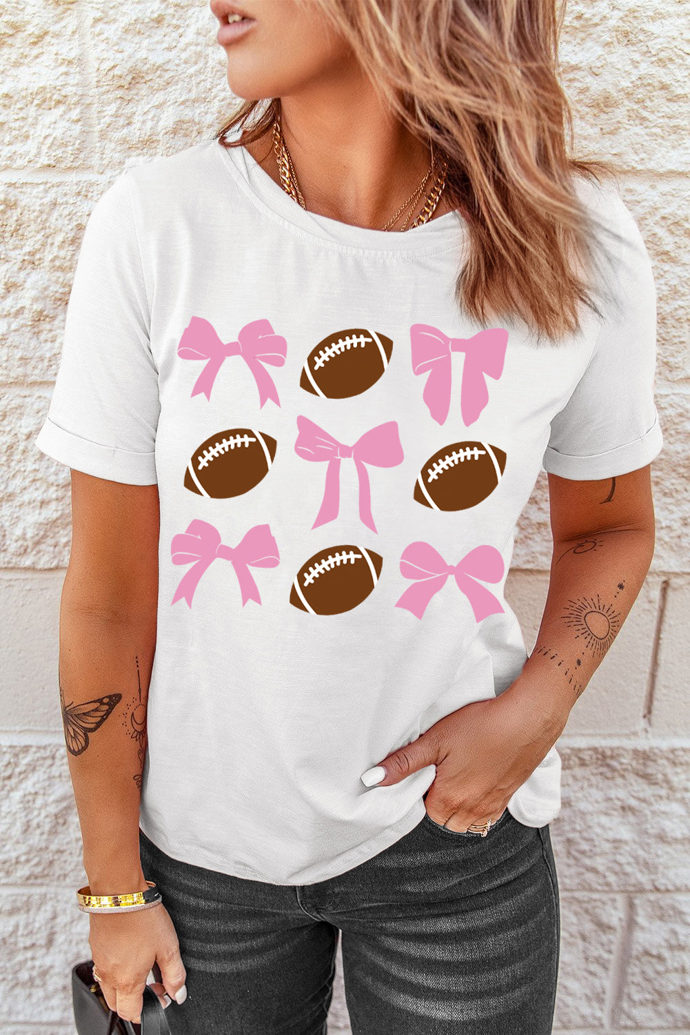 Football & Bow Round Neck Short Sleeve T-Shirt - NawdeX