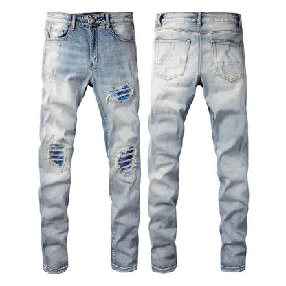Light Blue Broken Hole Colorful Gradient Patch Slim Stretch Jeans - NawdeX